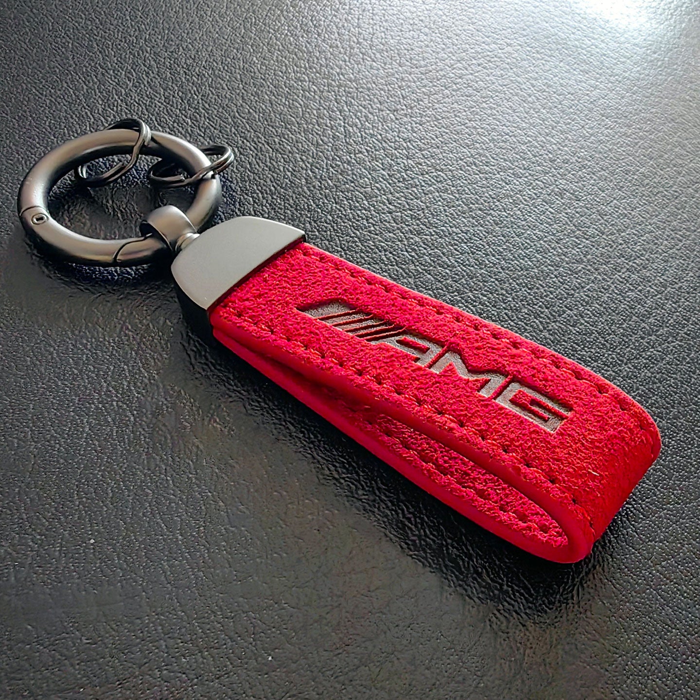 Premium Alcantara & Leather Keychain for Mercedes-AMG - Red Suede Key Fob Strap - Luxury Automotive Accessory