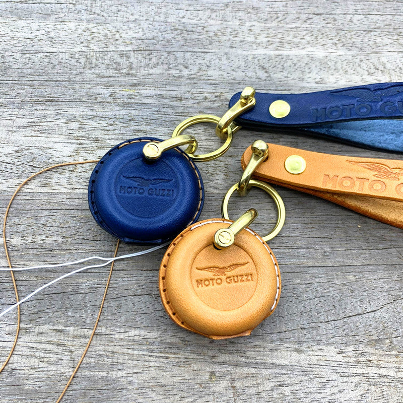 Moto Guzzi / Aprilia Round Smart Key Leather Case with Lanyard – Handmade Vegetable-Tanned Leather