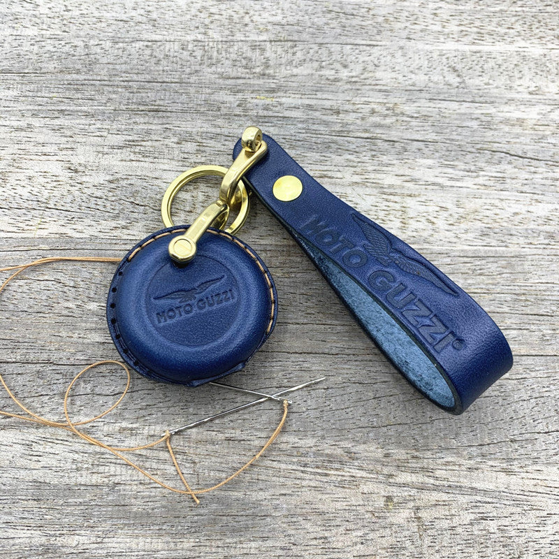 Moto Guzzi / Aprilia Round Smart Key Leather Case with Lanyard – Handmade Vegetable-Tanned Leather