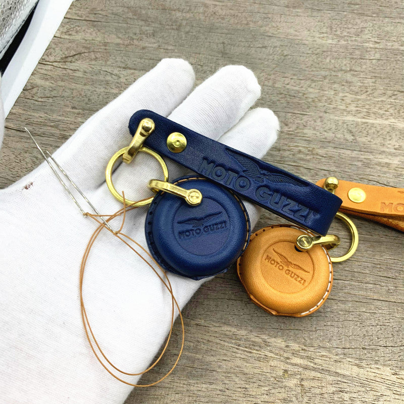 Moto Guzzi / Aprilia Round Smart Key Leather Case with Lanyard – Handmade Vegetable-Tanned Leather
