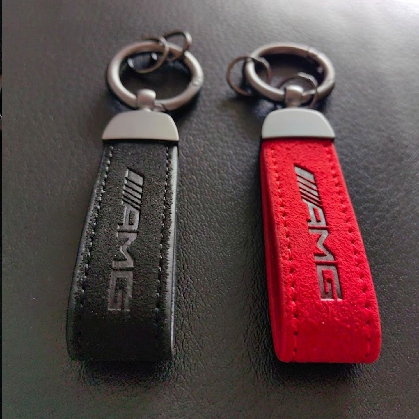 Premium Alcantara & Leather Keychain for Mercedes-AMG - Red Suede Key Fob Strap - Luxury Automotive Accessory