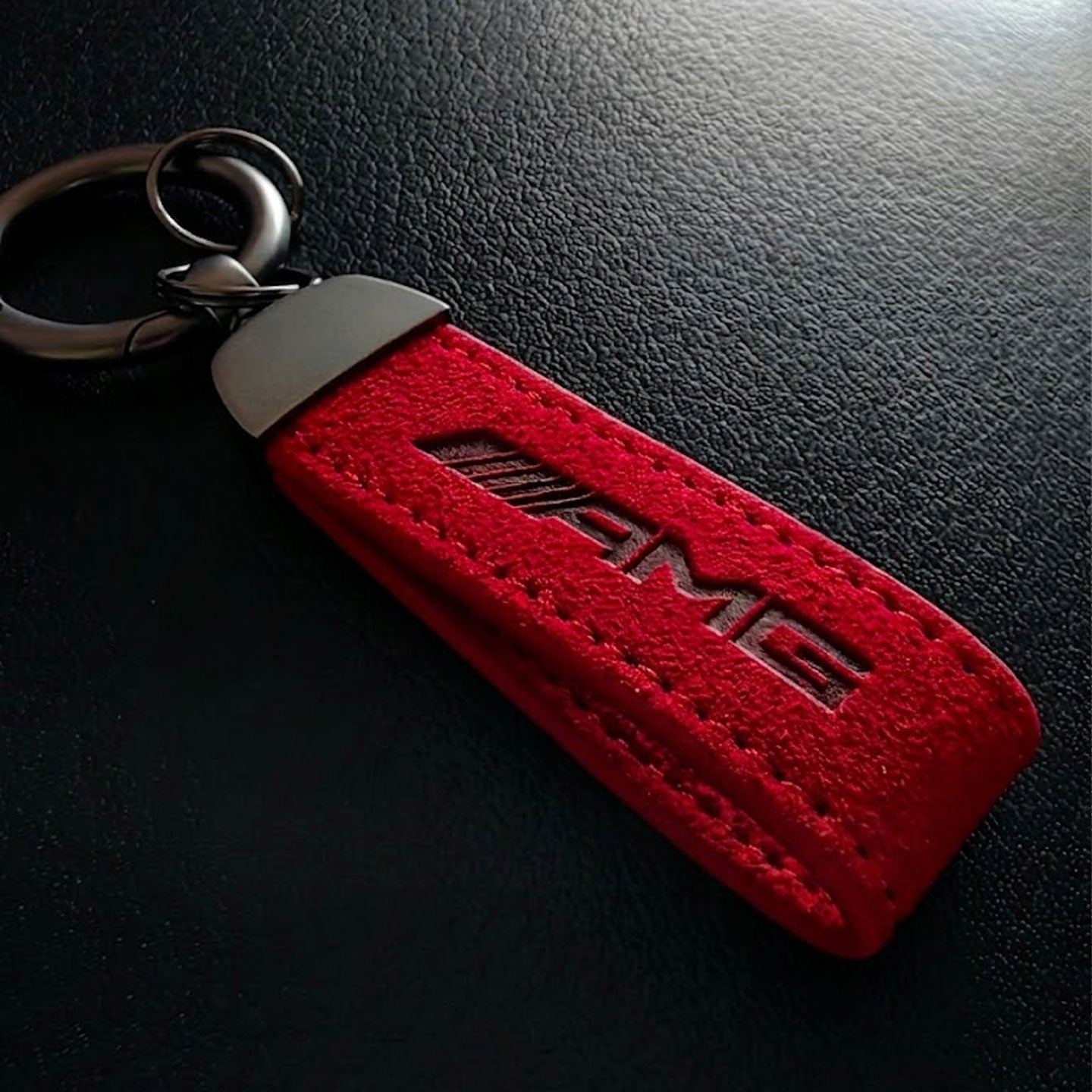 Premium Alcantara & Leather Keychain for Mercedes-AMG - Red Suede Key Fob Strap - Luxury Automotive Accessory
