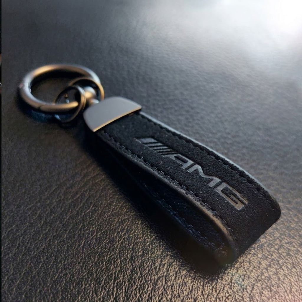 Premium Alcantara & Leather Keychain for Mercedes-AMG - Red Suede Key Fob Strap - Luxury Automotive Accessory