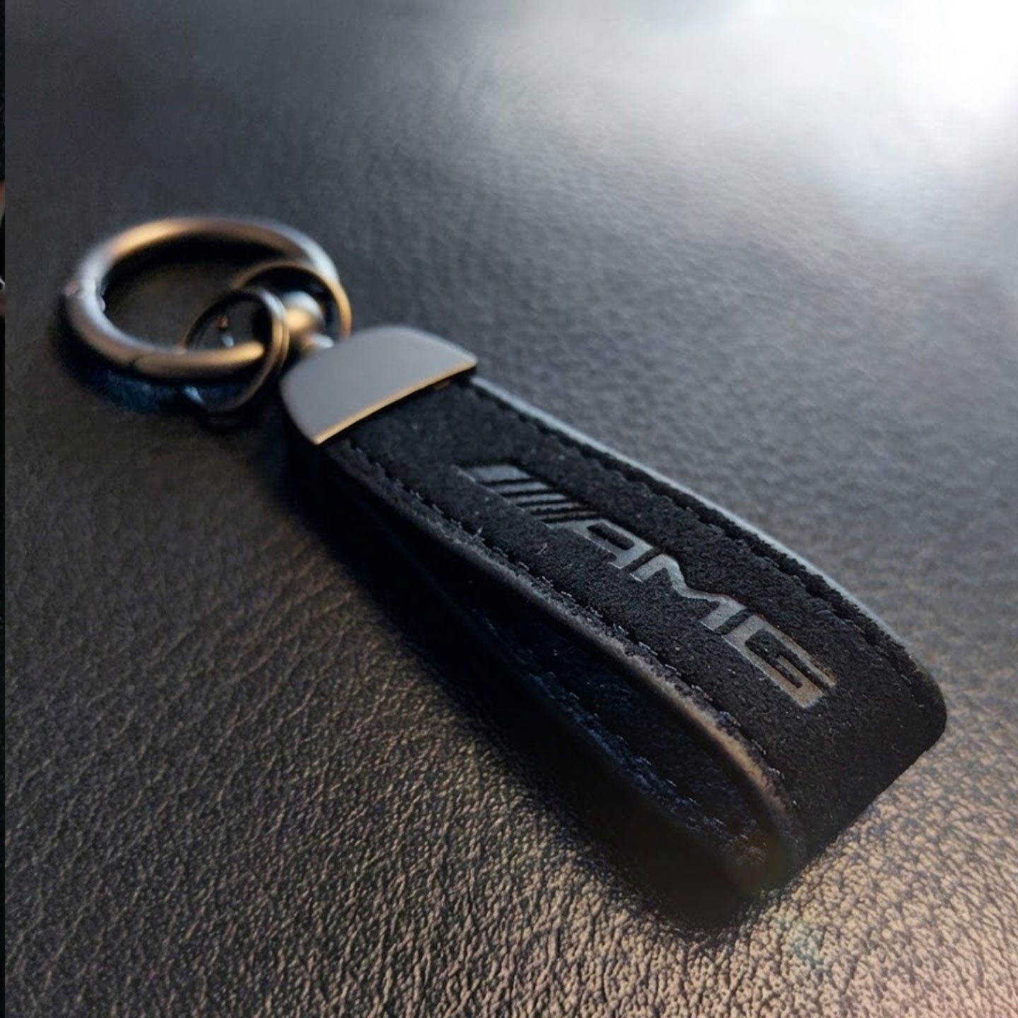 Premium Alcantara & Leather Keychain for Mercedes-AMG - Red Suede Key Fob Strap - Luxury Automotive Accessory
