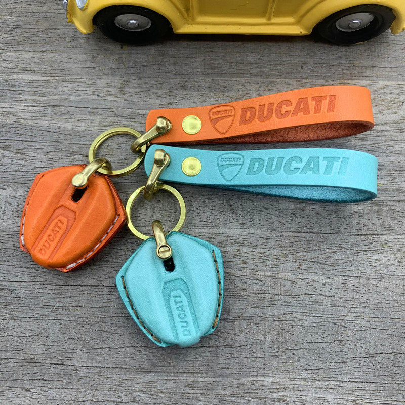 Ducati Streetfighter 959 leather key cover in orange and teal