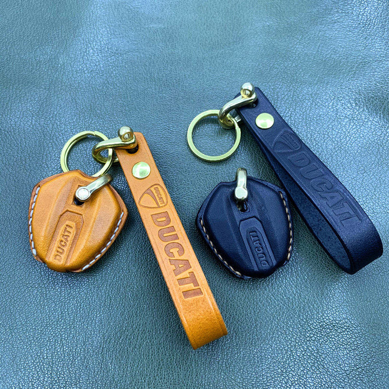 Ducati V2 V4 handmade leather key case in multiple colors with brass ring