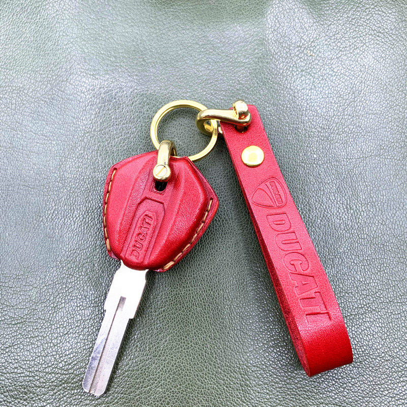 Handmade leather key case and lanyard for Ducati V4 1199 Monster 696 in red with brass clasp