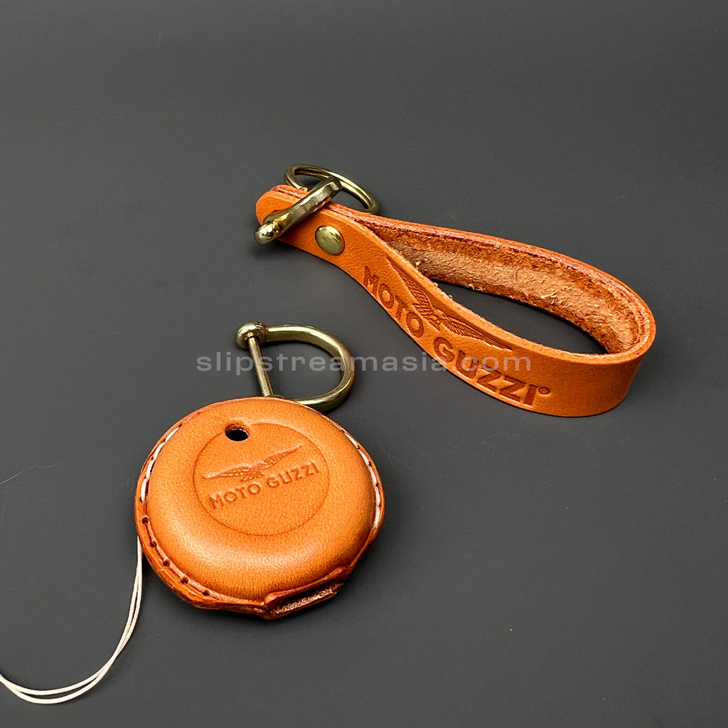 Moto Guzzi / Aprilia Round Smart Key Leather Case with Lanyard – Handmade Vegetable-Tanned Leather