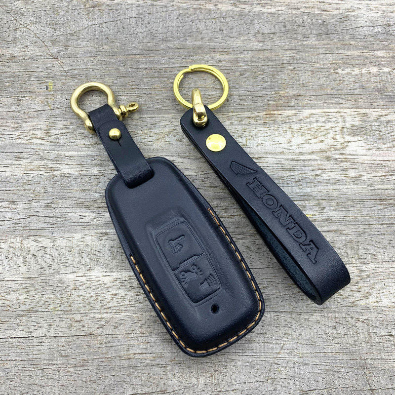 Handmade leather key case and lanyard for Honda ADV350 Forza350 2023 in navy blue with brass hardware