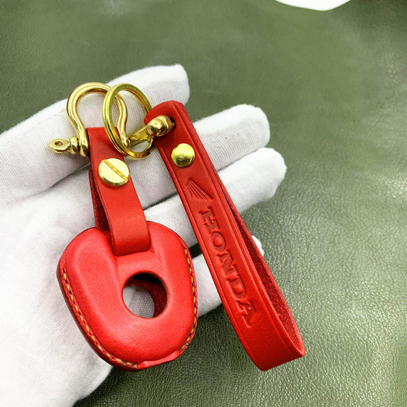 Honda CB500 handmade leather key case in red with brass hardware