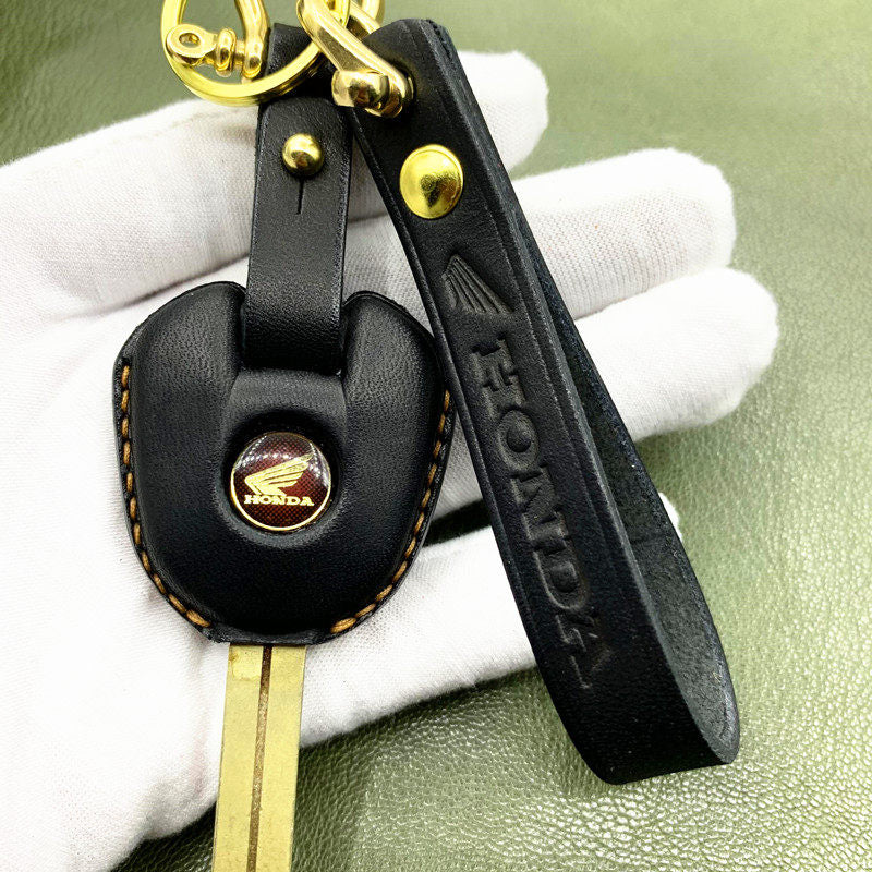 Handmade leather key case for Honda CBR650 CB500 NC750 in black with Honda logo and brass hardware