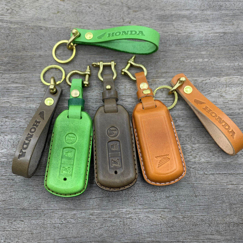 Handmade leather smart key case and wide lanyard for Honda Forza350 NS110R PCX150 in tan with brass clasp