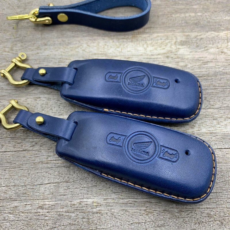 Handmade leather smart key case and lanyard for Honda Gold Wing GL1800 in navy blue with brass hardware