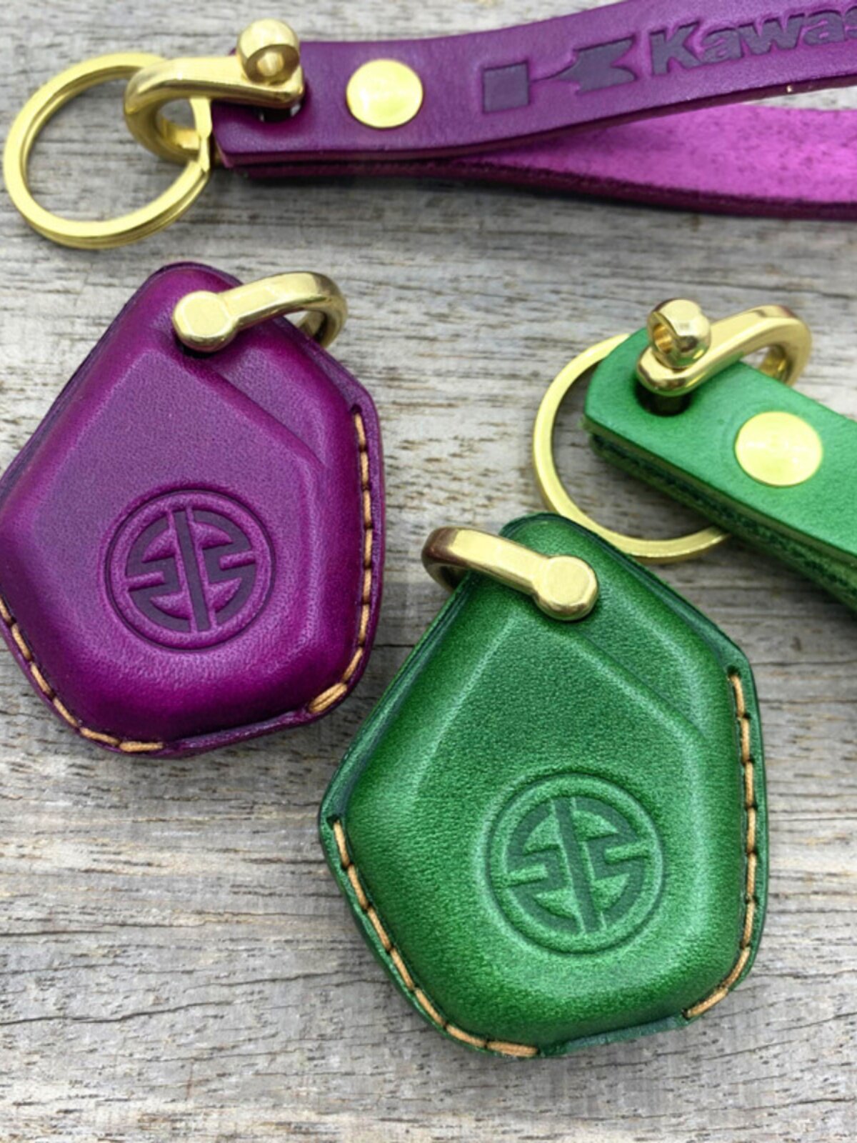 Kawasaki H2 H2R leather key case and embossed logo lanyard set
