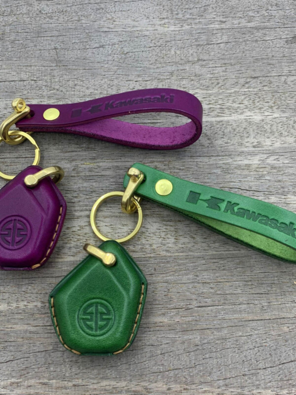 Handmade leather key case and lanyard for Kawasaki H2 H2R in green and purple with brass hardware