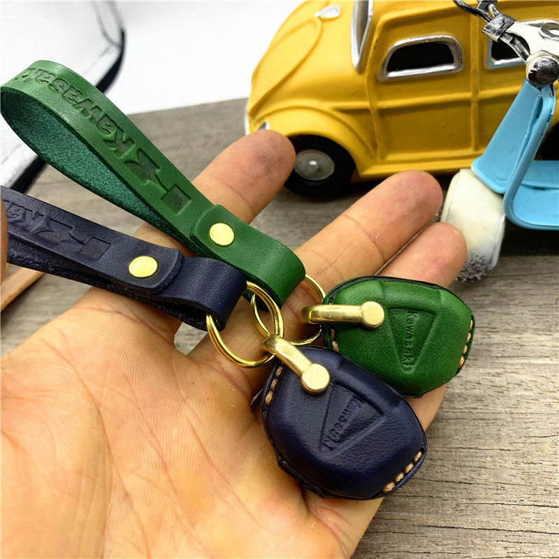 Kawasaki Ninja leather key case with wide reinforced lanyard and brass ring