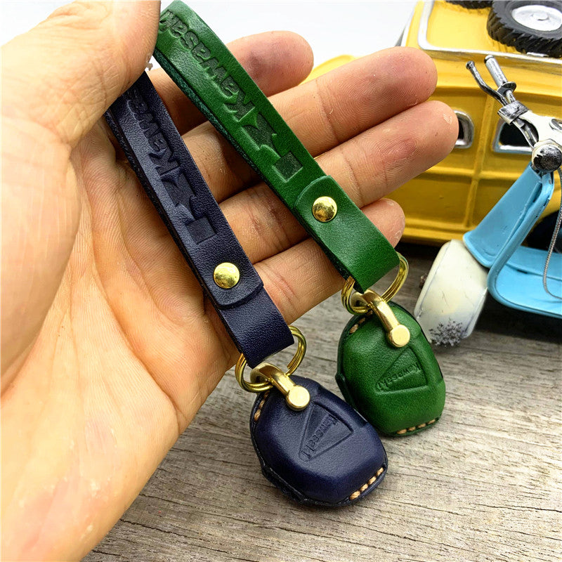 Kawasaki Ninja leather key case with wide reinforced lanyard and brass ring