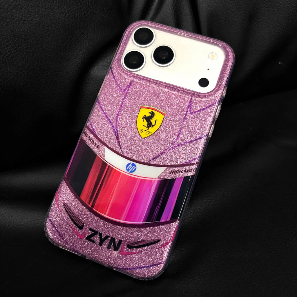 Lewis Hamilton Monaco pink helmet-inspired iPhone case with glitter racing design