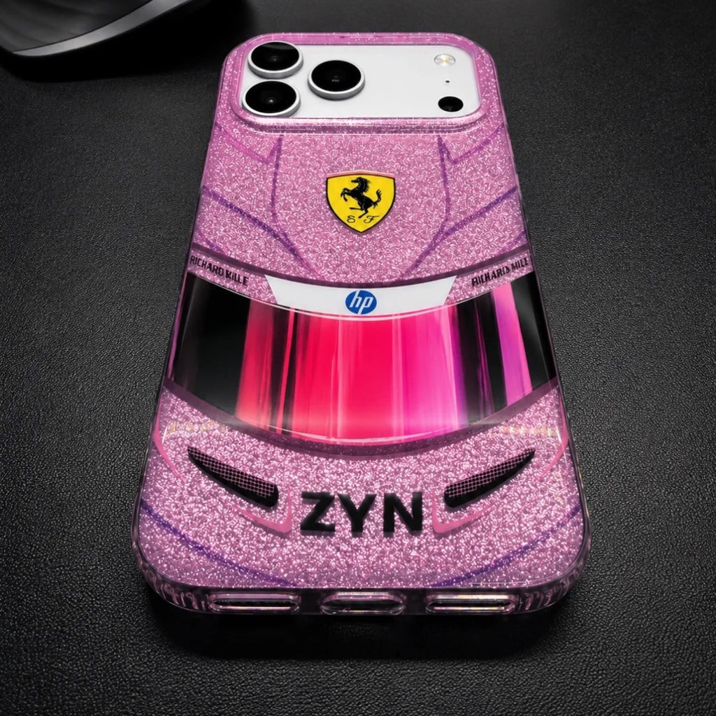 Lewis Hamilton Monaco pink helmet-inspired iPhone case with glitter racing design