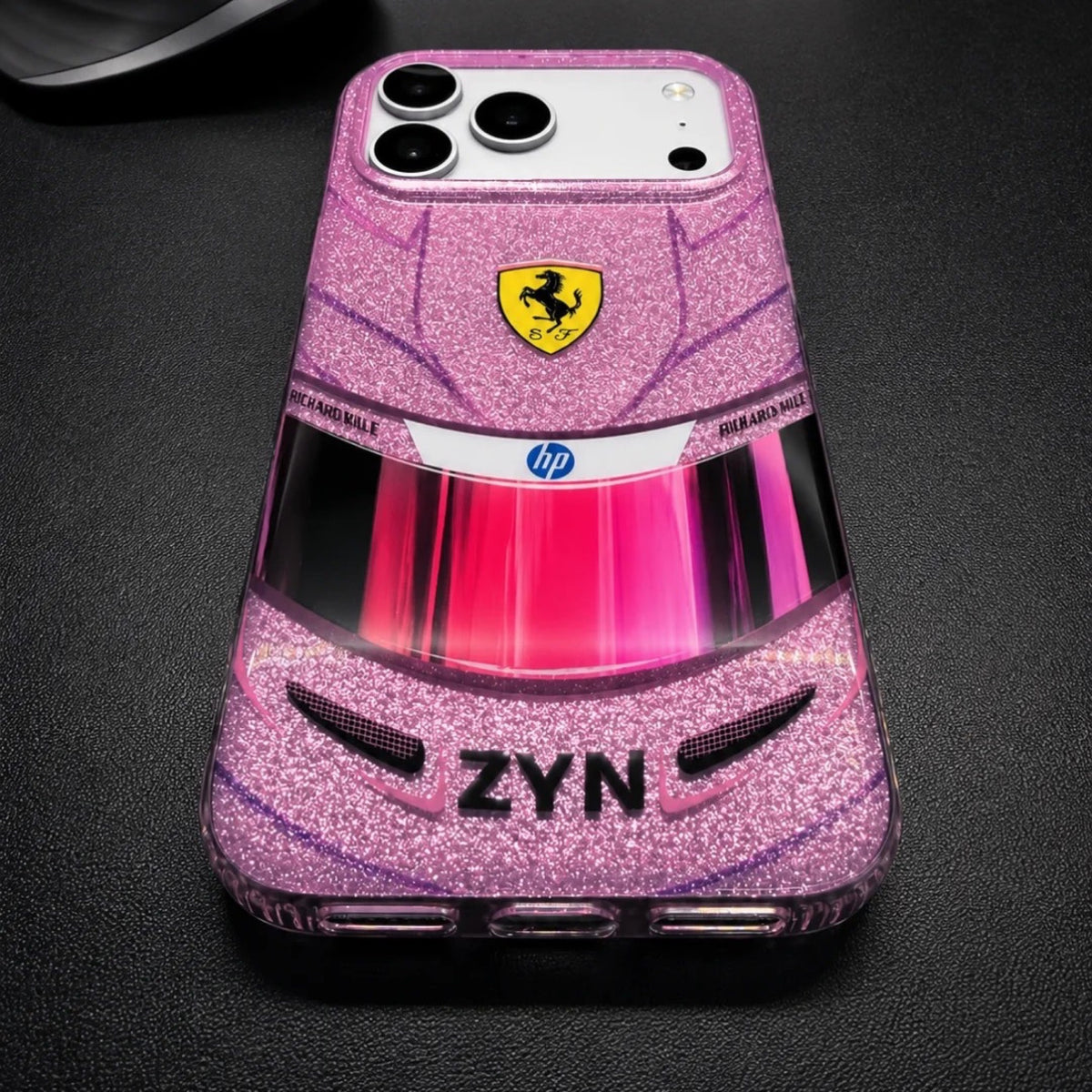 Lewis Hamilton Monaco pink helmet-inspired iPhone case with glitter racing design