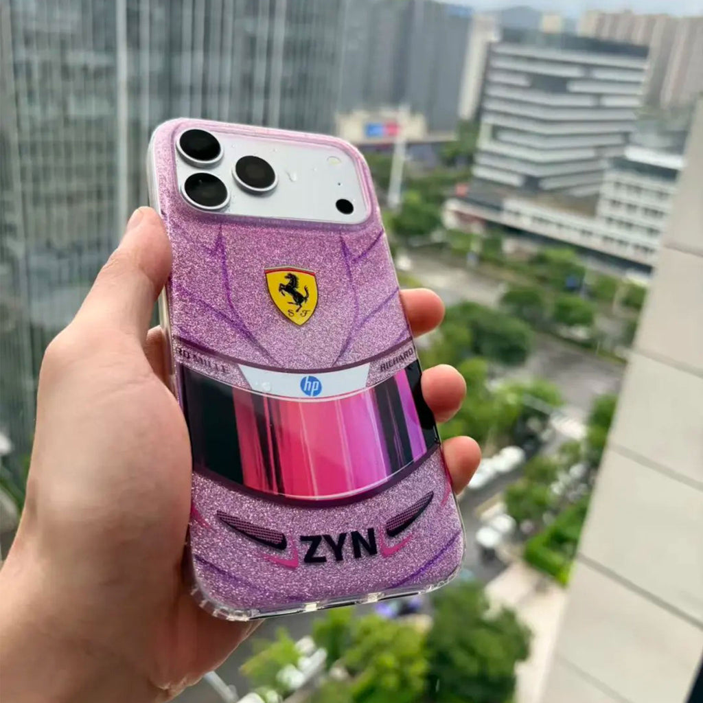 Lewis Hamilton Monaco pink helmet-inspired iPhone case with glitter racing design