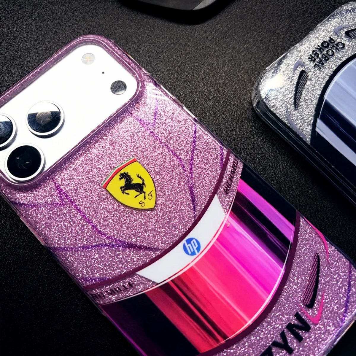 Lewis Hamilton Monaco pink helmet-inspired iPhone case with glitter racing design
