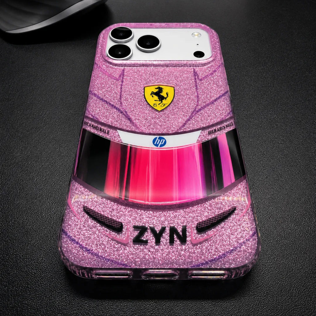 Lewis Hamilton Monaco pink helmet-inspired iPhone case with glitter racing design