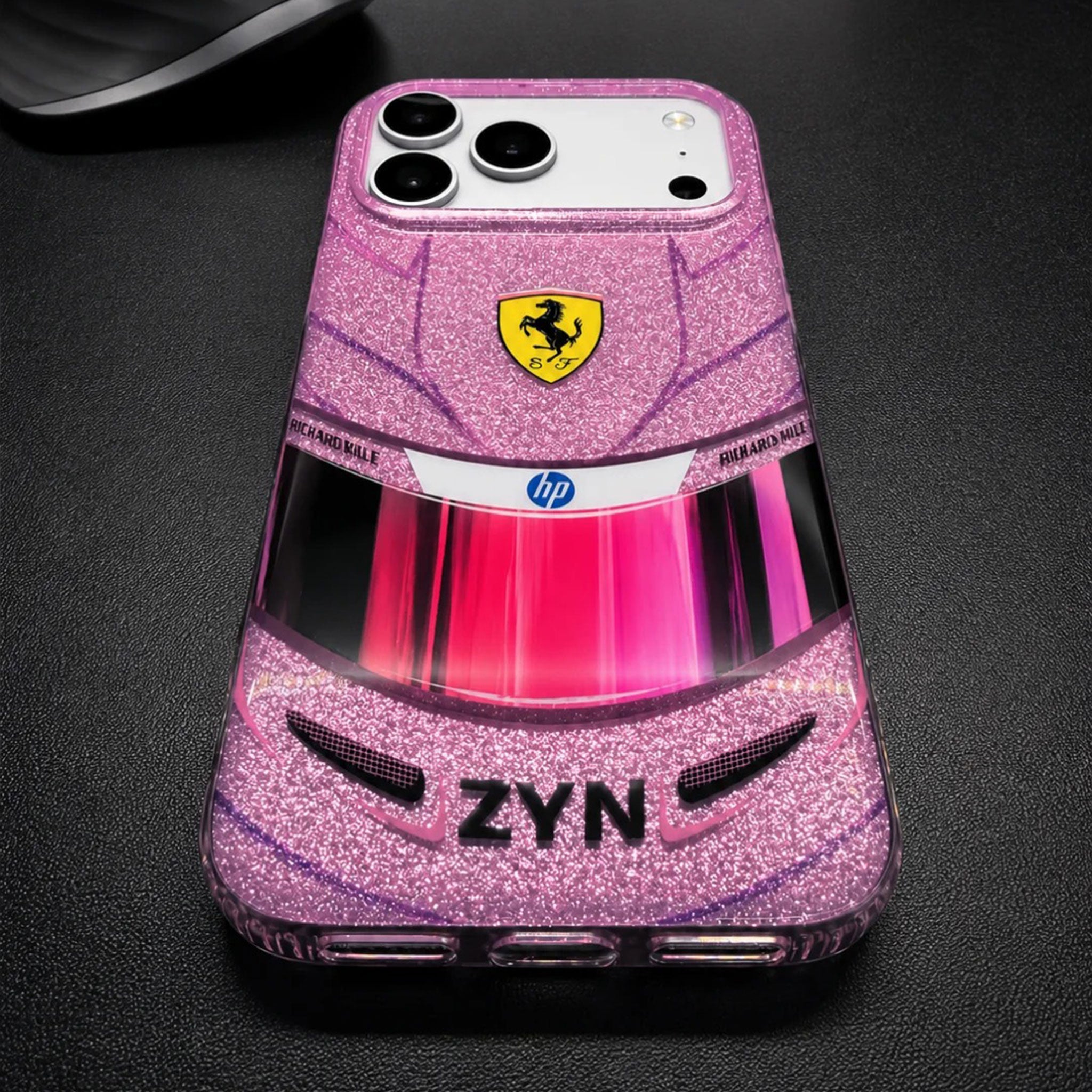 Lewis Hamilton Monaco pink helmet-inspired iPhone case with glitter racing design