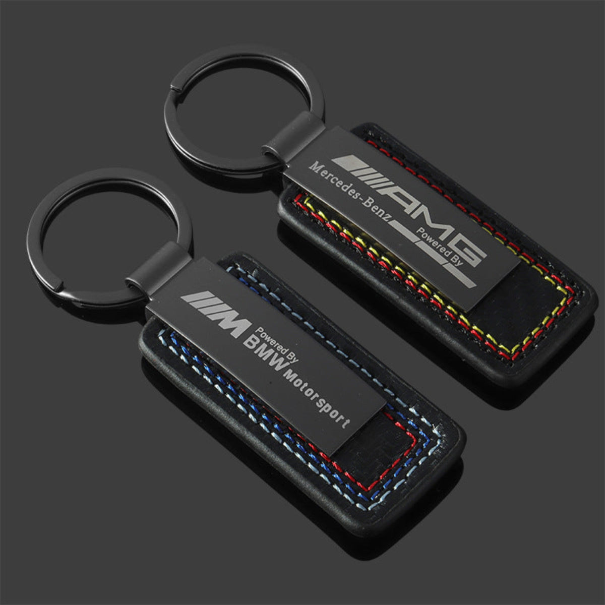Mercedes-AMG and BMW M Motorsport leather keychain with racing stitching