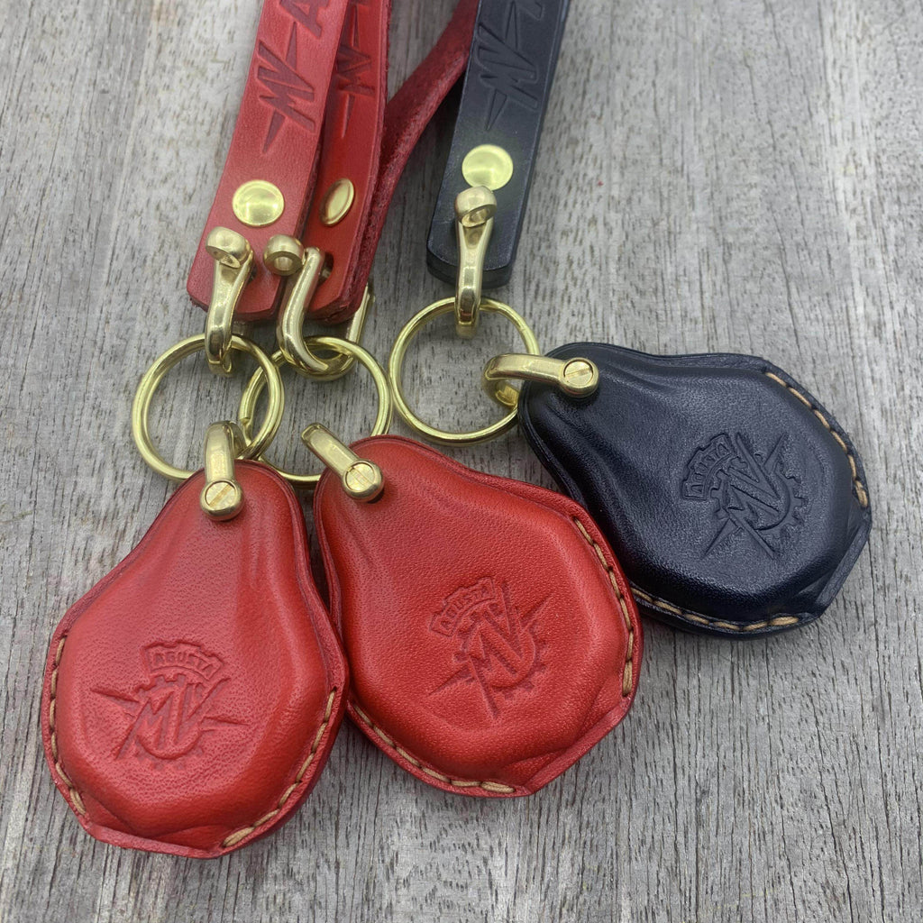 Handmade leather key case for MV Agusta in black, red and tan with brass hardware