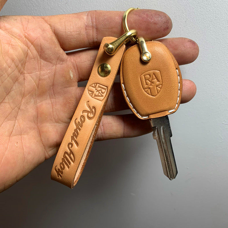 Handmade leather key case and lanyard for Royal Alloy GP150 200TG 300 in tan with brass hardware