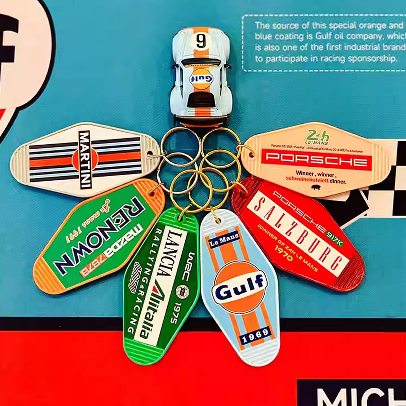 Vintage Racing Livery Hotel Key Tag - Gulf Martini Le Mans Style