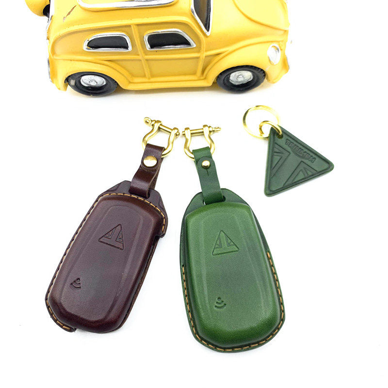 Triumph Rocket and Bonneville leather triangle tag keychain accessory
