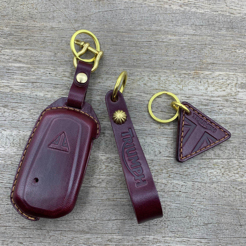 Triumph Rocket and Bonneville leather triangle tag keychain accessory